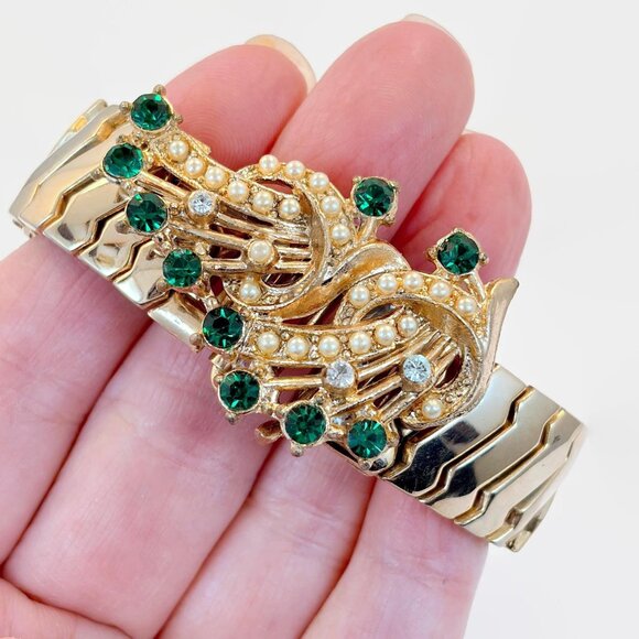 Vintage Expansion Bracelet Rhinestone MCM Mid Century Modern Gold Green